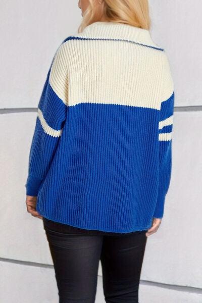 Quarter Zip Striped Dropped Shoulder Sweater - Immenzive