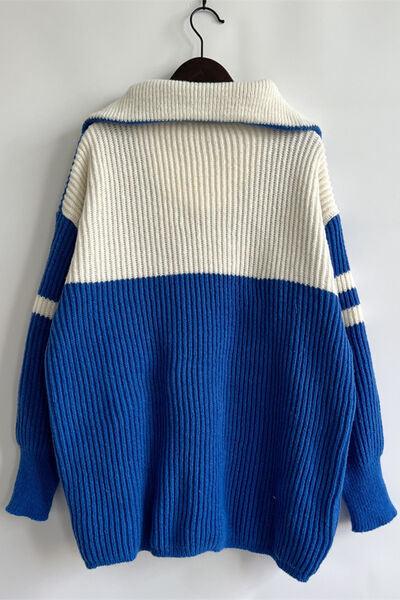 Quarter Zip Striped Dropped Shoulder Sweater - Immenzive