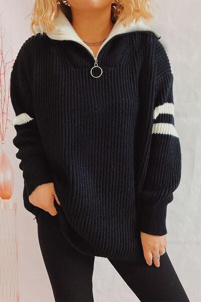 Quarter Zip Striped Dropped Shoulder Sweater - Immenzive