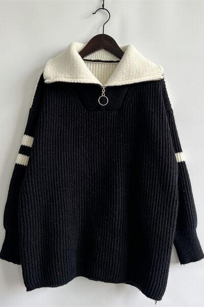 Quarter Zip Striped Dropped Shoulder Sweater - Immenzive