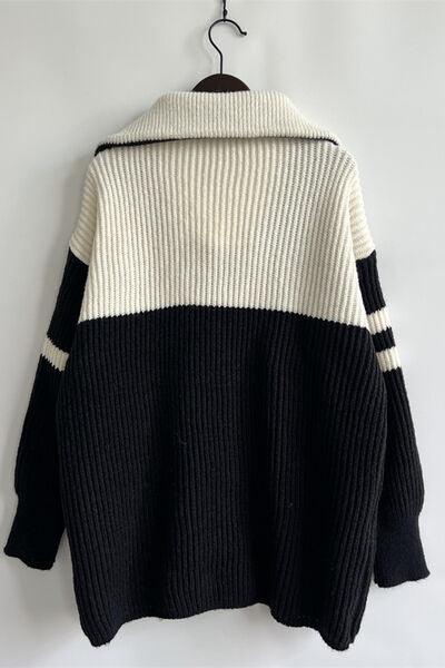 Quarter Zip Striped Dropped Shoulder Sweater - Immenzive