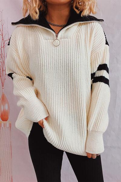 Quarter Zip Striped Dropped Shoulder Sweater - Immenzive