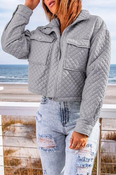 Quilted Snap and Zip Long Sleeve Cropped Jacket - Immenzive