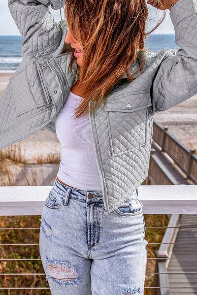 Quilted Snap and Zip Long Sleeve Cropped Jacket - Immenzive