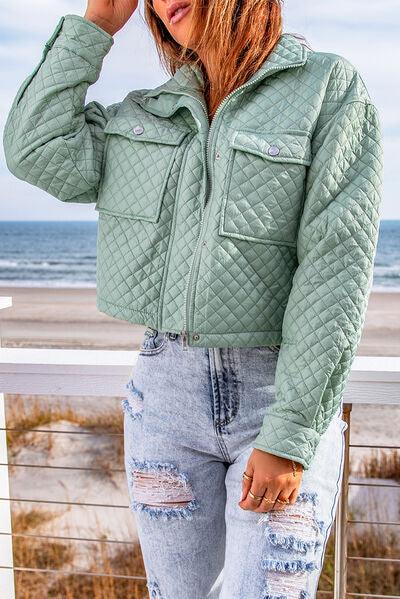 Quilted Snap and Zip Long Sleeve Cropped Jacket - Immenzive