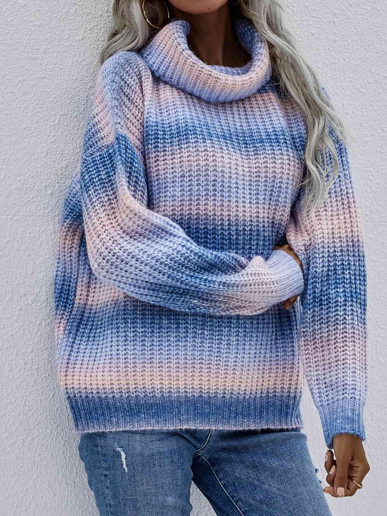 Rainbow Rib-Knit Turtleneck Drop Shoulder Sweater - Immenzive