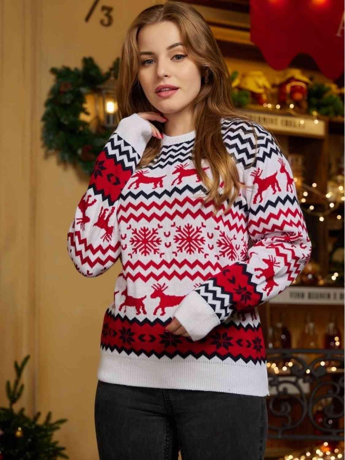 Reindeer & Snowflake Round Neck Sweater - Immenzive