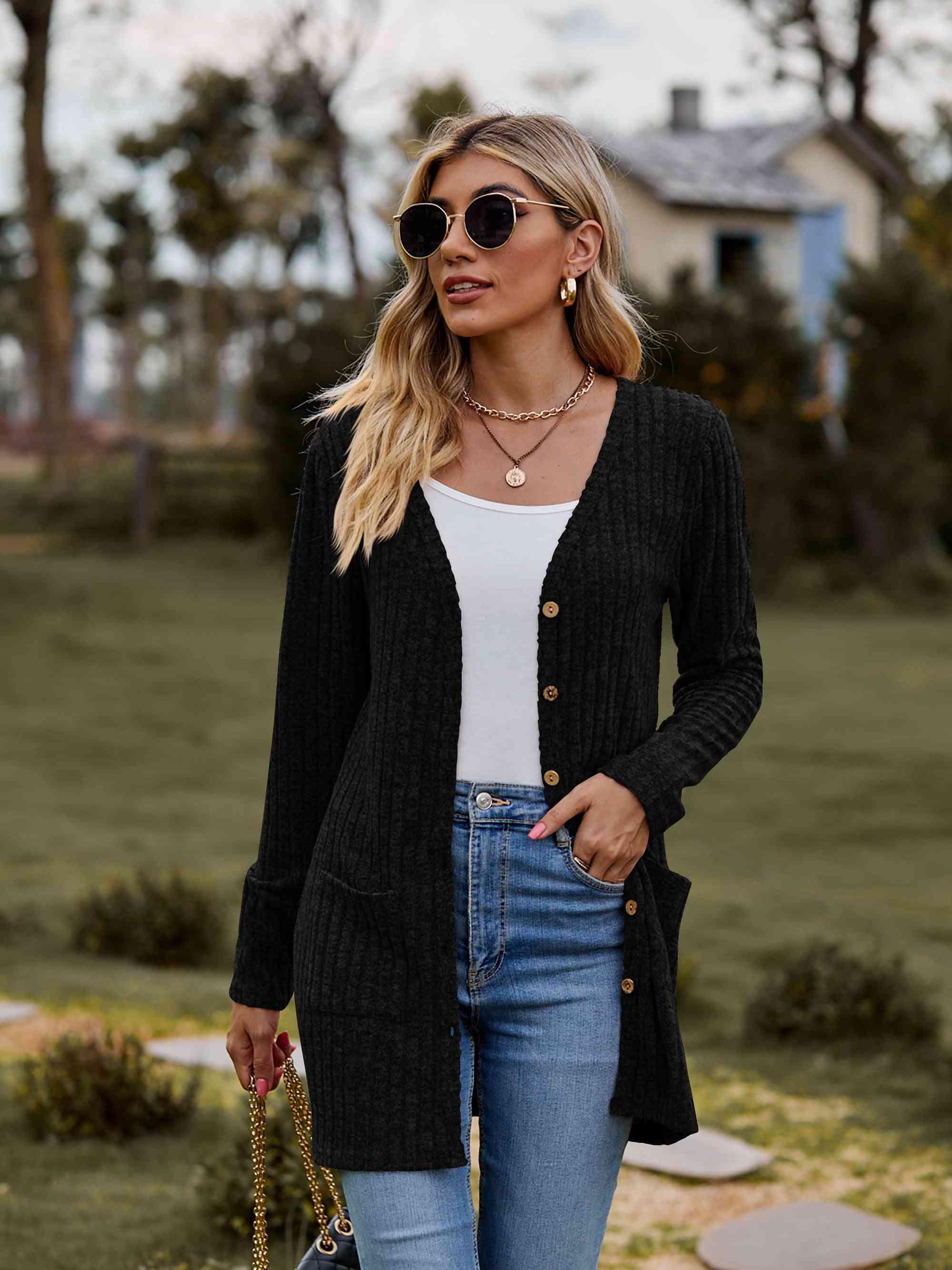 Ribbed Button-Up Cardigan with Pockets - Immenzive