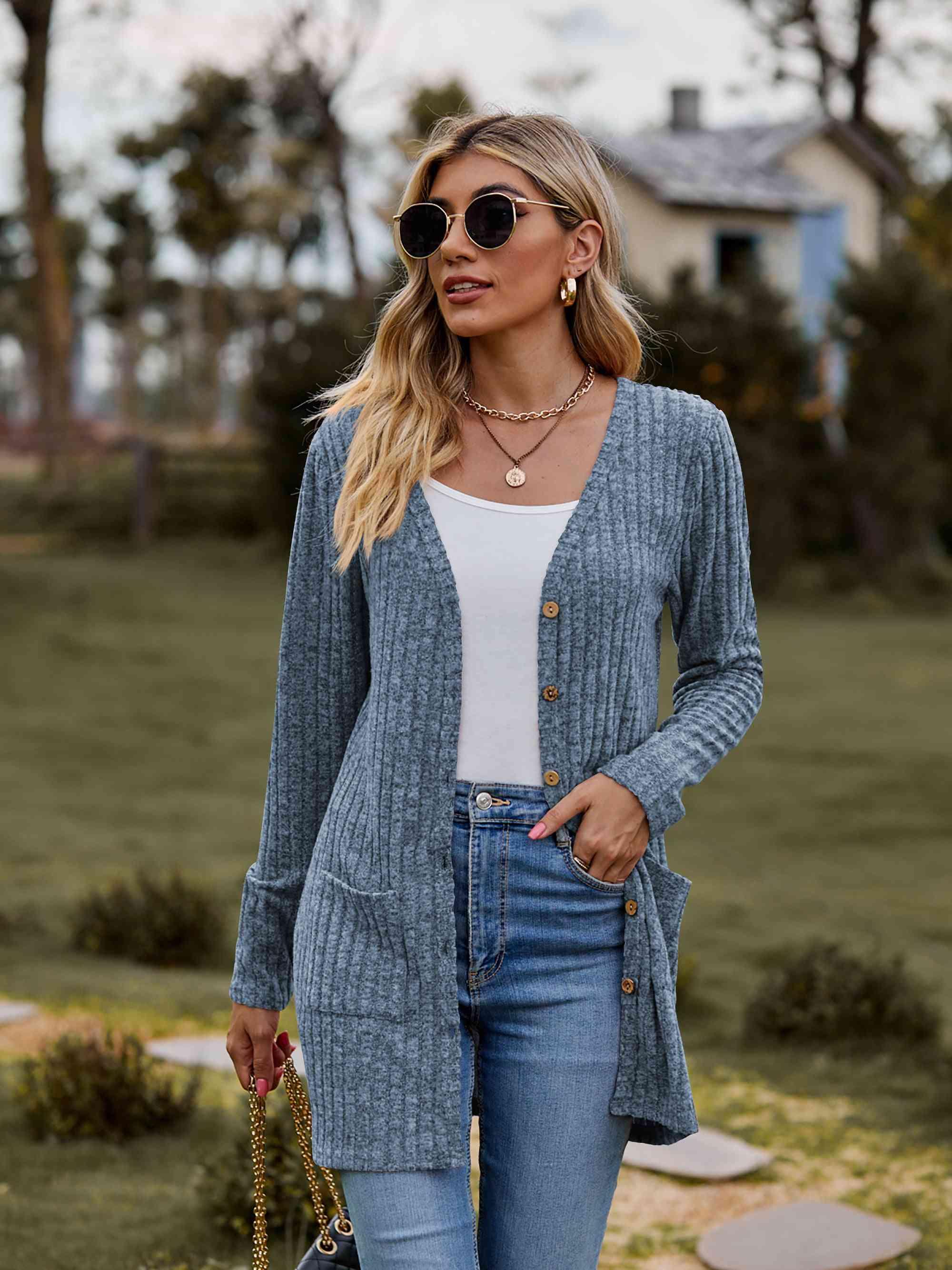 Ribbed Button-Up Cardigan with Pockets - Immenzive
