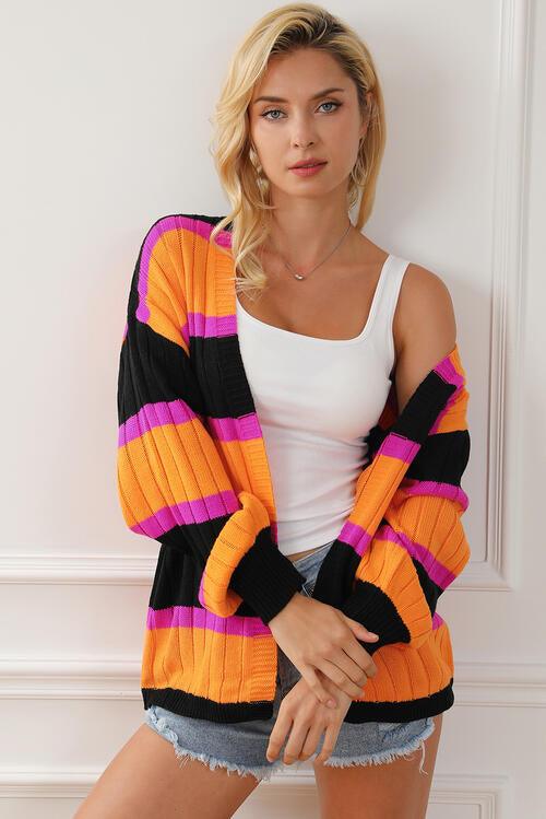 Ribbed Striped Open Front Long Sleeve Cardigan - Immenzive
