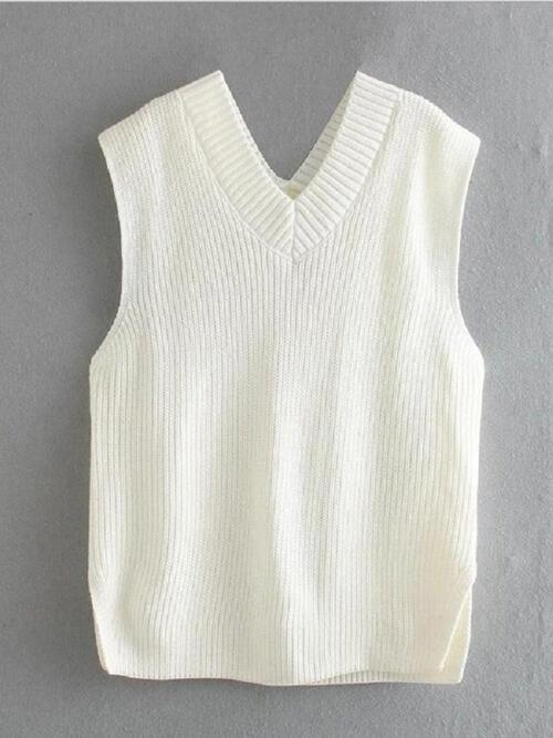 Ribbed V-Neck Sleeveless Sweater Vest - Immenzive