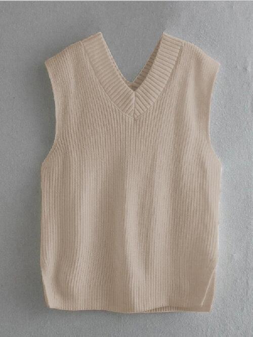 Ribbed V-Neck Sleeveless Sweater Vest - Immenzive