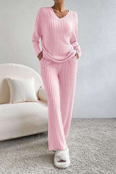 Ribbed V-Neck Top and Pants Lounge Set - Immenzive