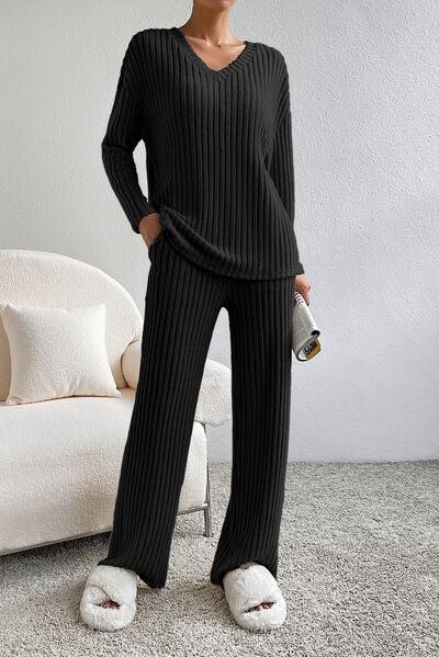 Ribbed V-Neck Top and Pants Lounge Set - Immenzive