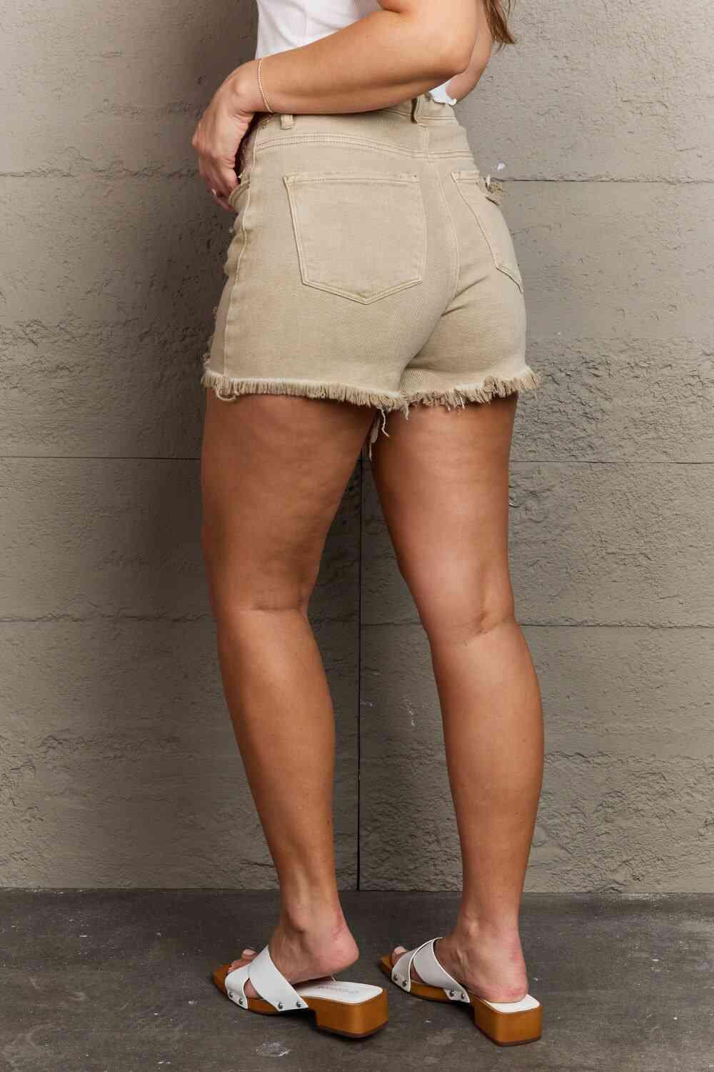 RISEN Katie Full Size High Waisted Distressed Shorts in Sand - Immenzive