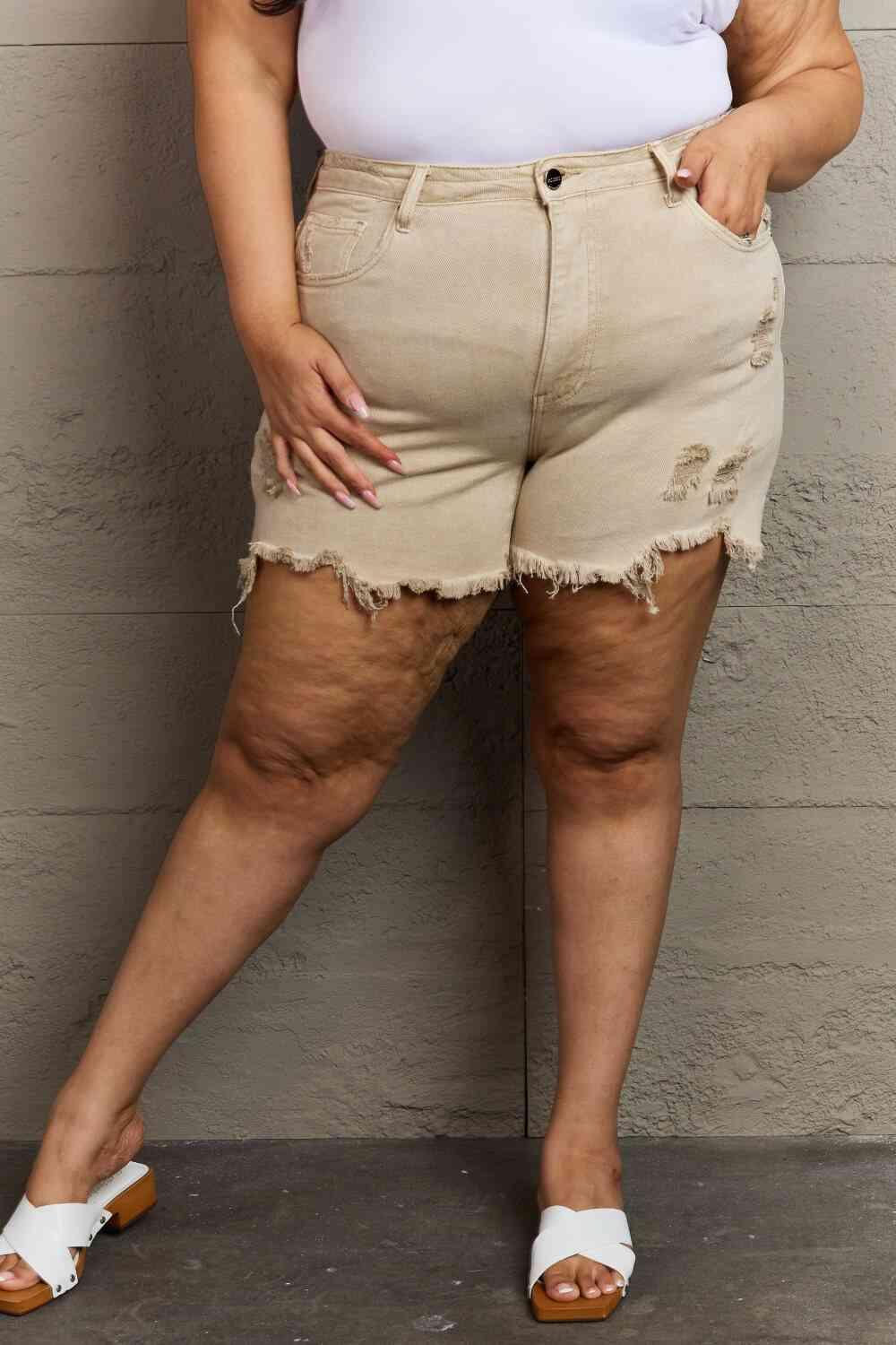 RISEN Katie Full Size High Waisted Distressed Shorts in Sand - Immenzive