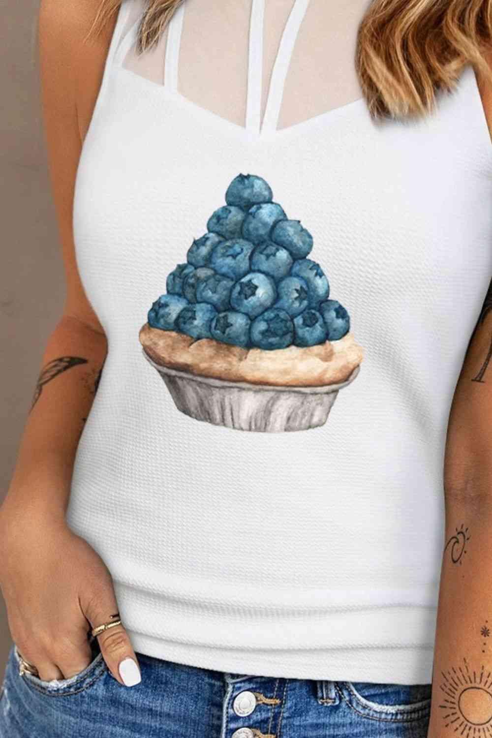 Round Neck Blueberry Graphic Tank Top - Immenzive