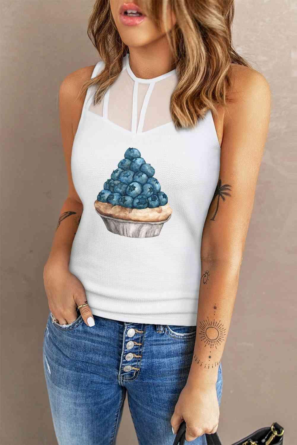 Round Neck Blueberry Graphic Tank Top - Immenzive