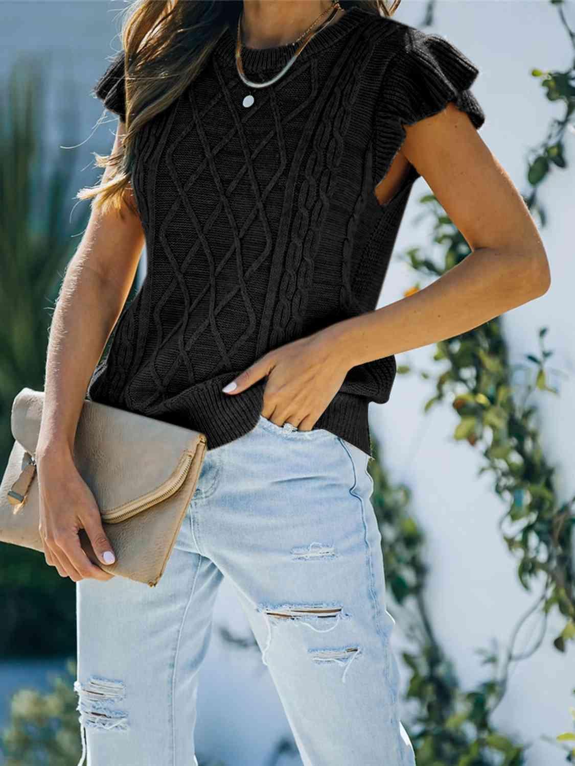 Round Neck Cap Sleeve Sweater - Immenzive