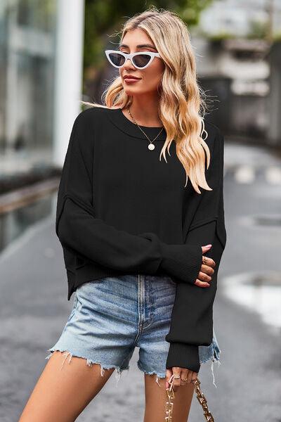 Round Neck Drop Shoulder Long Sleeve Sweater - Immenzive