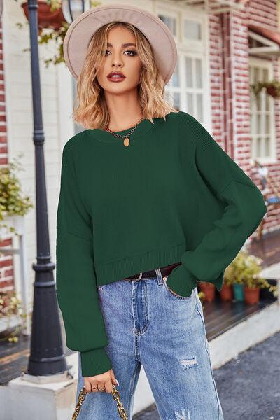 Round Neck Drop Shoulder Long Sleeve Sweater - Immenzive
