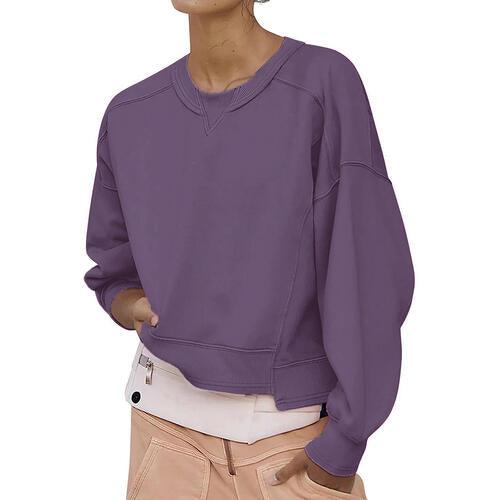 Round Neck Drop Shoulder Long Sleeve Sweatshirt - Immenzive