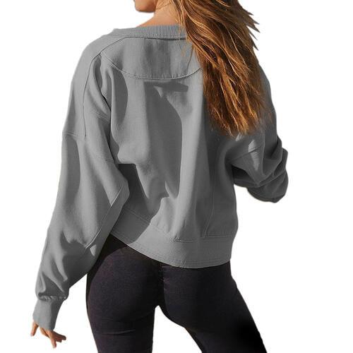 Round Neck Drop Shoulder Long Sleeve Sweatshirt - Immenzive