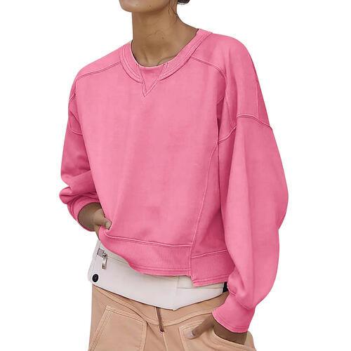 Round Neck Drop Shoulder Long Sleeve Sweatshirt - Immenzive