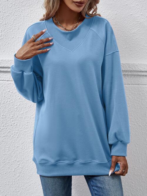 Round Neck Drop Shoulder Long Sleeve Sweatshirt - Immenzive