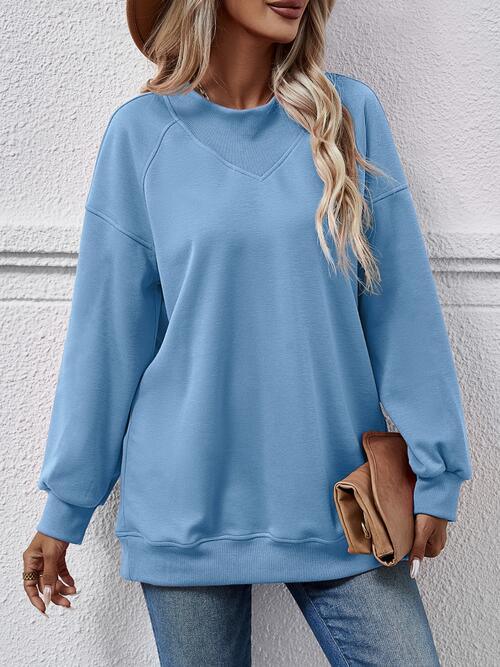 Round Neck Drop Shoulder Long Sleeve Sweatshirt - Immenzive