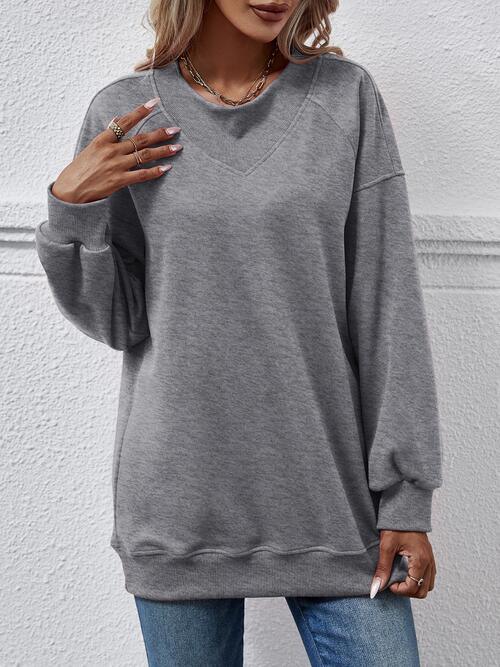 Round Neck Drop Shoulder Long Sleeve Sweatshirt - Immenzive