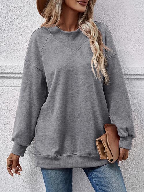 Round Neck Drop Shoulder Long Sleeve Sweatshirt - Immenzive