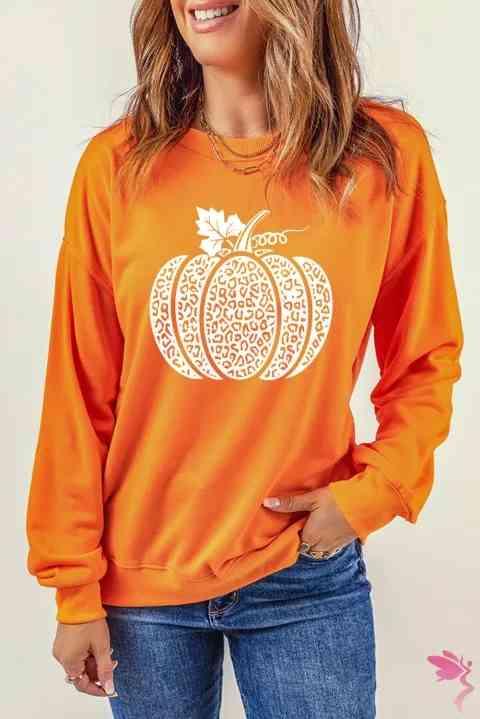 Round Neck Dropped Shoulder Pumpkin Graphic Sweatshirt - Immenzive