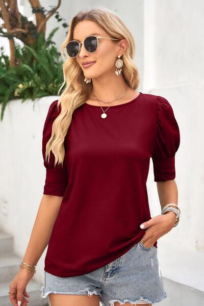 Round Neck Lantern Sleeve Blouse - Immenzive