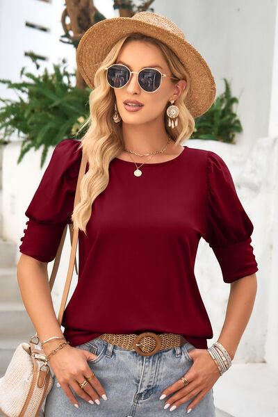 Round Neck Lantern Sleeve Blouse - Immenzive