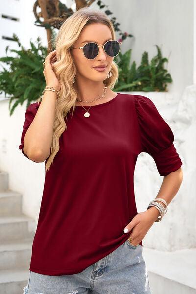 Round Neck Lantern Sleeve Blouse - Immenzive