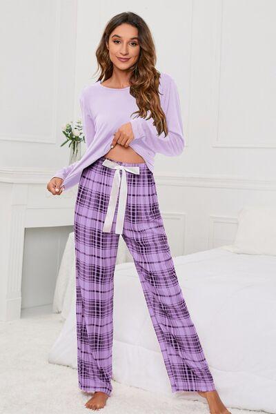 Round Neck Long Sleeve Top and Bow Plaid Pants Lounge Set - Immenzive