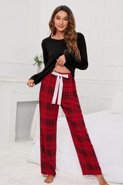 Round Neck Long Sleeve Top and Bow Plaid Pants Lounge Set - Immenzive