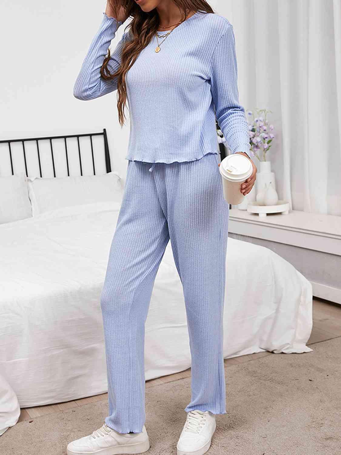 Round Neck Long Sleeve Top and Drawstring Pants Lounge Set - Immenzive