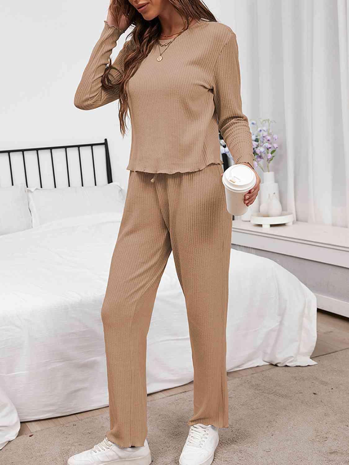 Round Neck Long Sleeve Top and Drawstring Pants Lounge Set - Immenzive