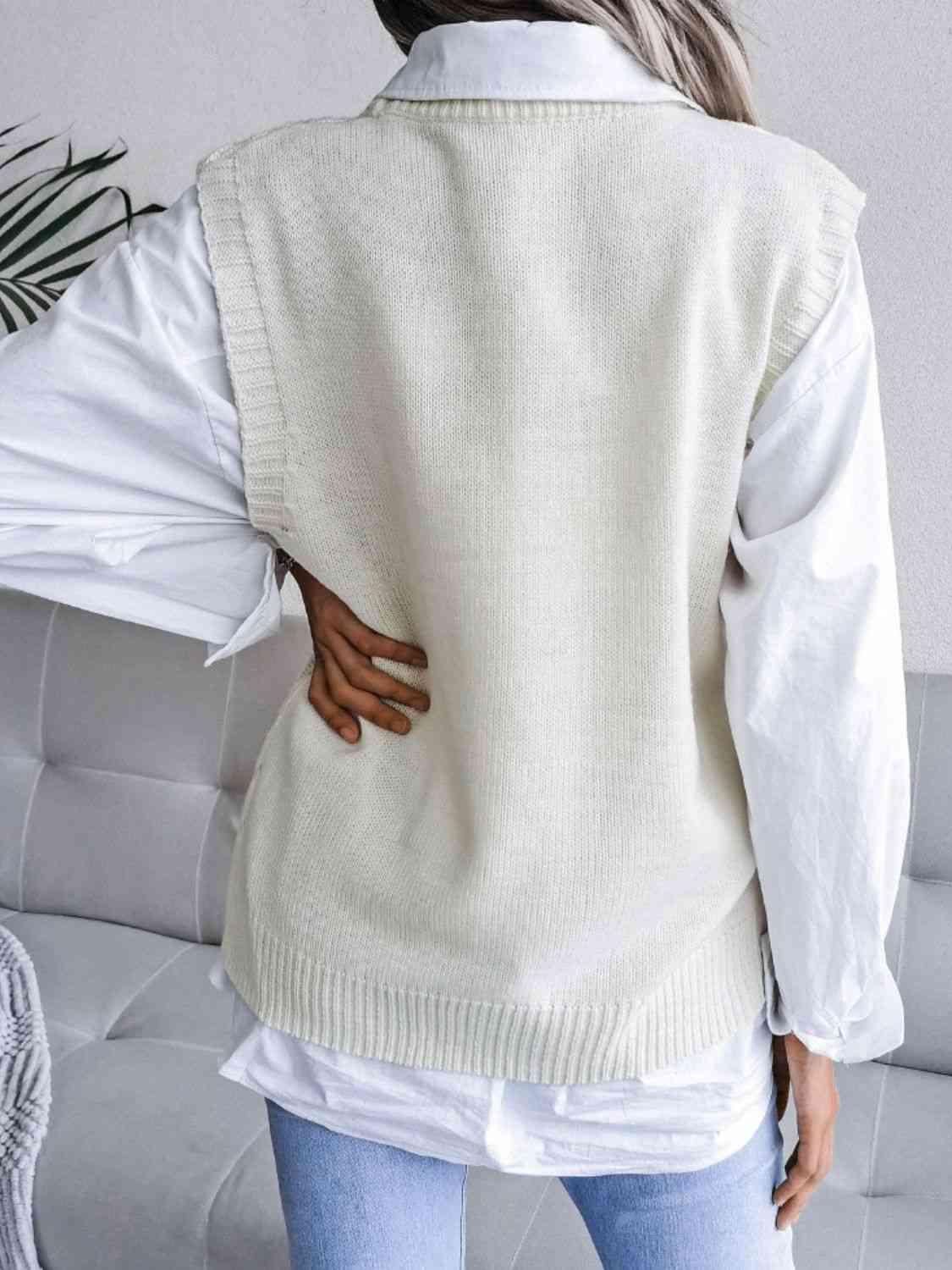 Round Neck Openwork Capped Sleeve Sweater Vest - Immenzive