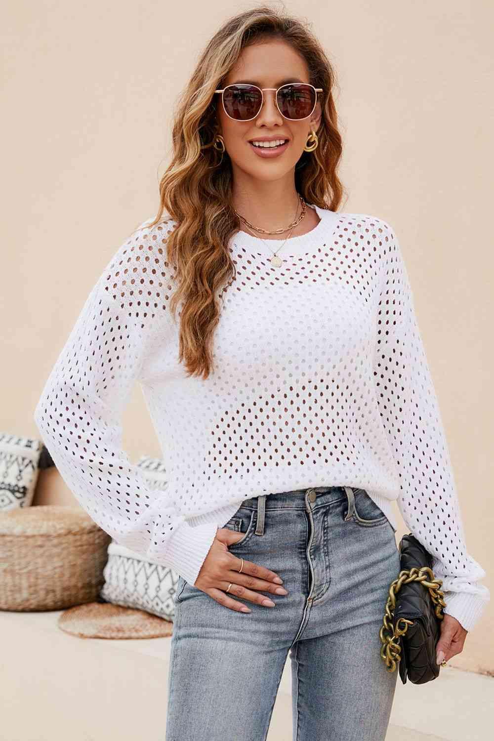 Round Neck Openwork Dropped Shoulder Knit Top - Immenzive