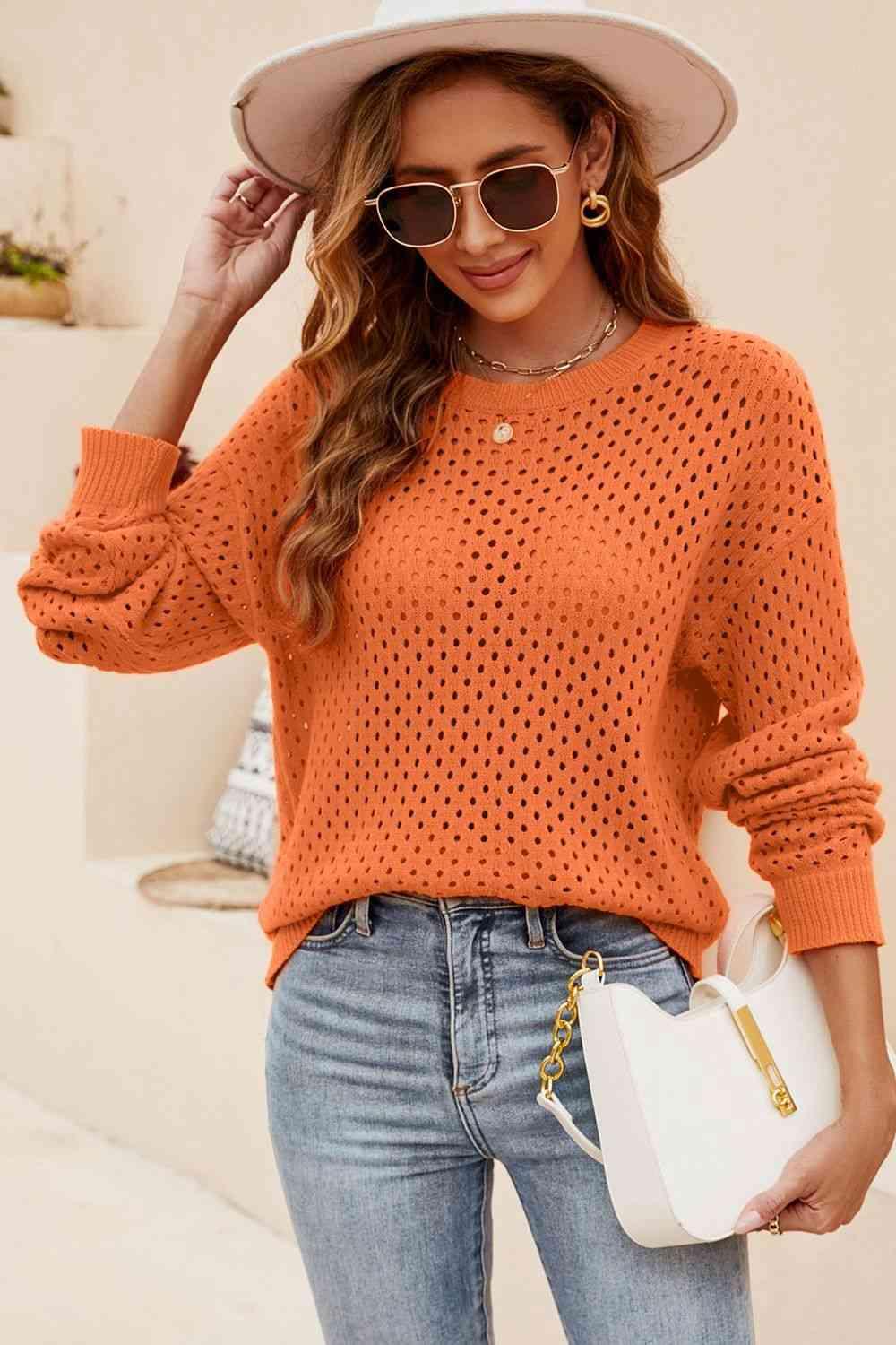 Round Neck Openwork Dropped Shoulder Knit Top - Immenzive