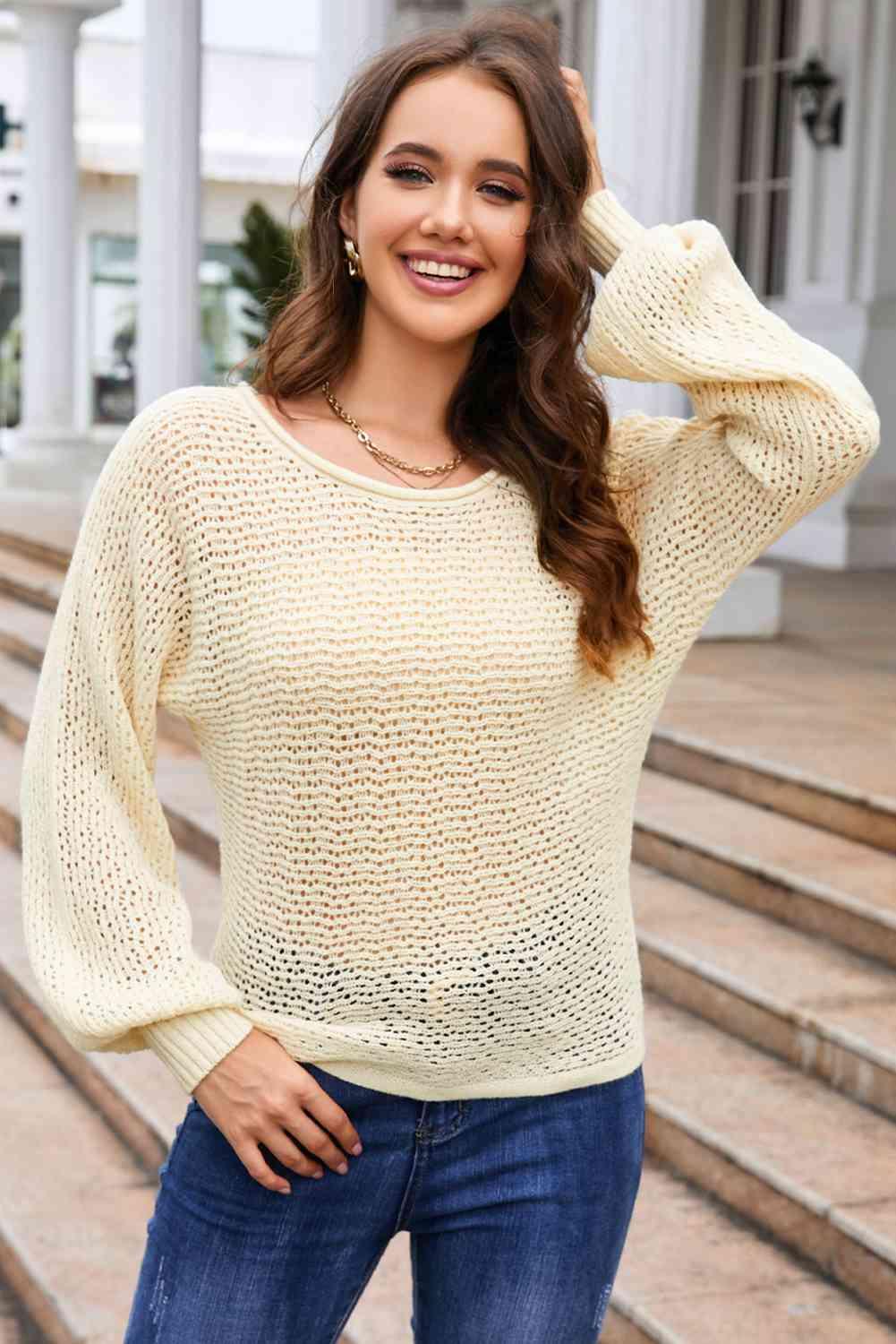 Round Neck Openwork Long Sleeve Knit Top - Immenzive
