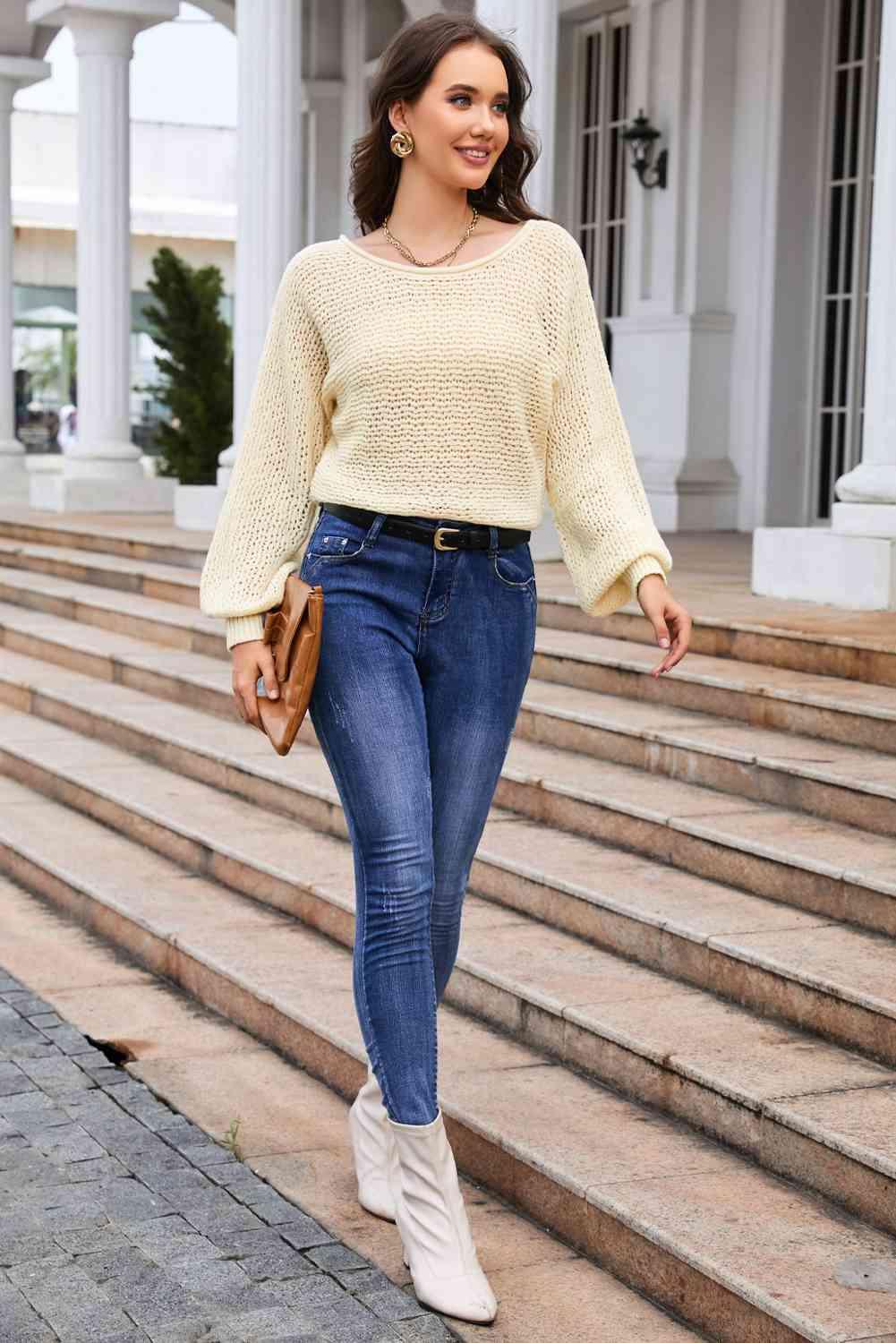 Round Neck Openwork Long Sleeve Knit Top - Immenzive