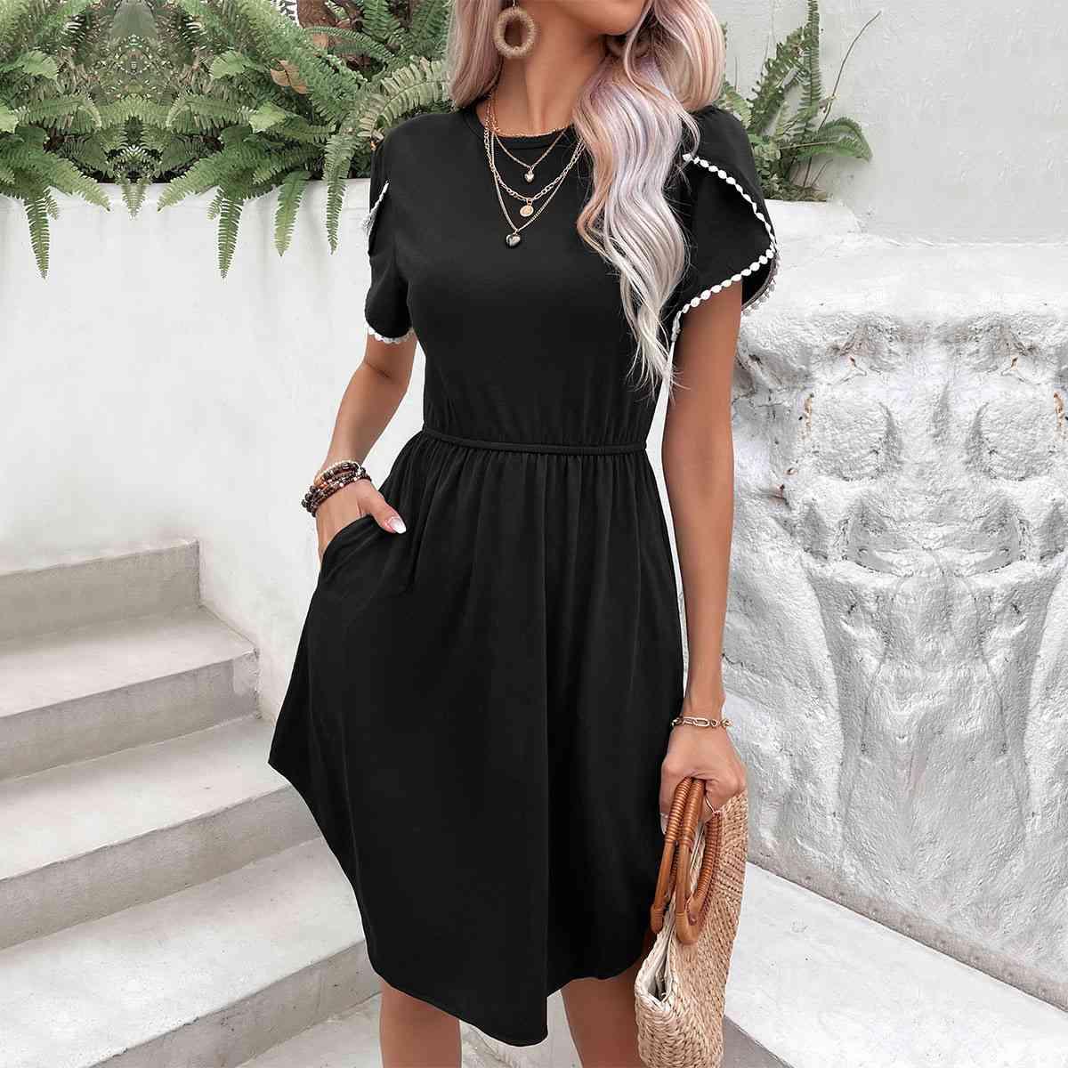 Round Neck Petal Sleeve Dress with Pockets - Immenzive