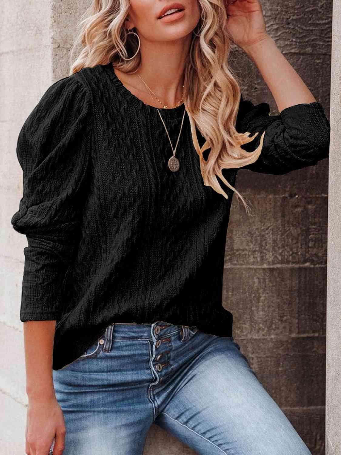 Round Neck Puff Sleeve Knit Top - Immenzive