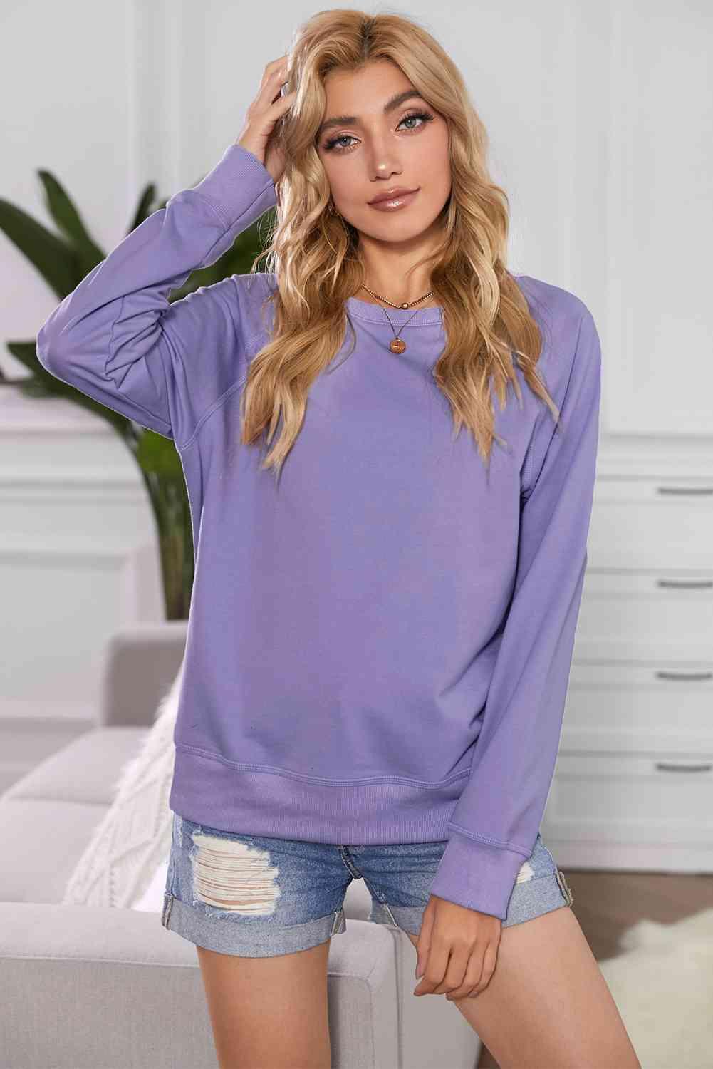 Round Neck Raglan Sleeve Exposed Seam Sweatshirt - Immenzive