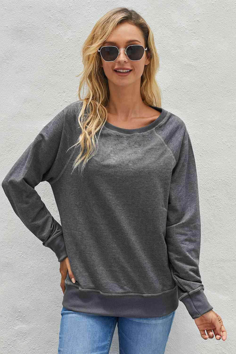 Round Neck Raglan Sleeve Exposed Seam Sweatshirt - Immenzive