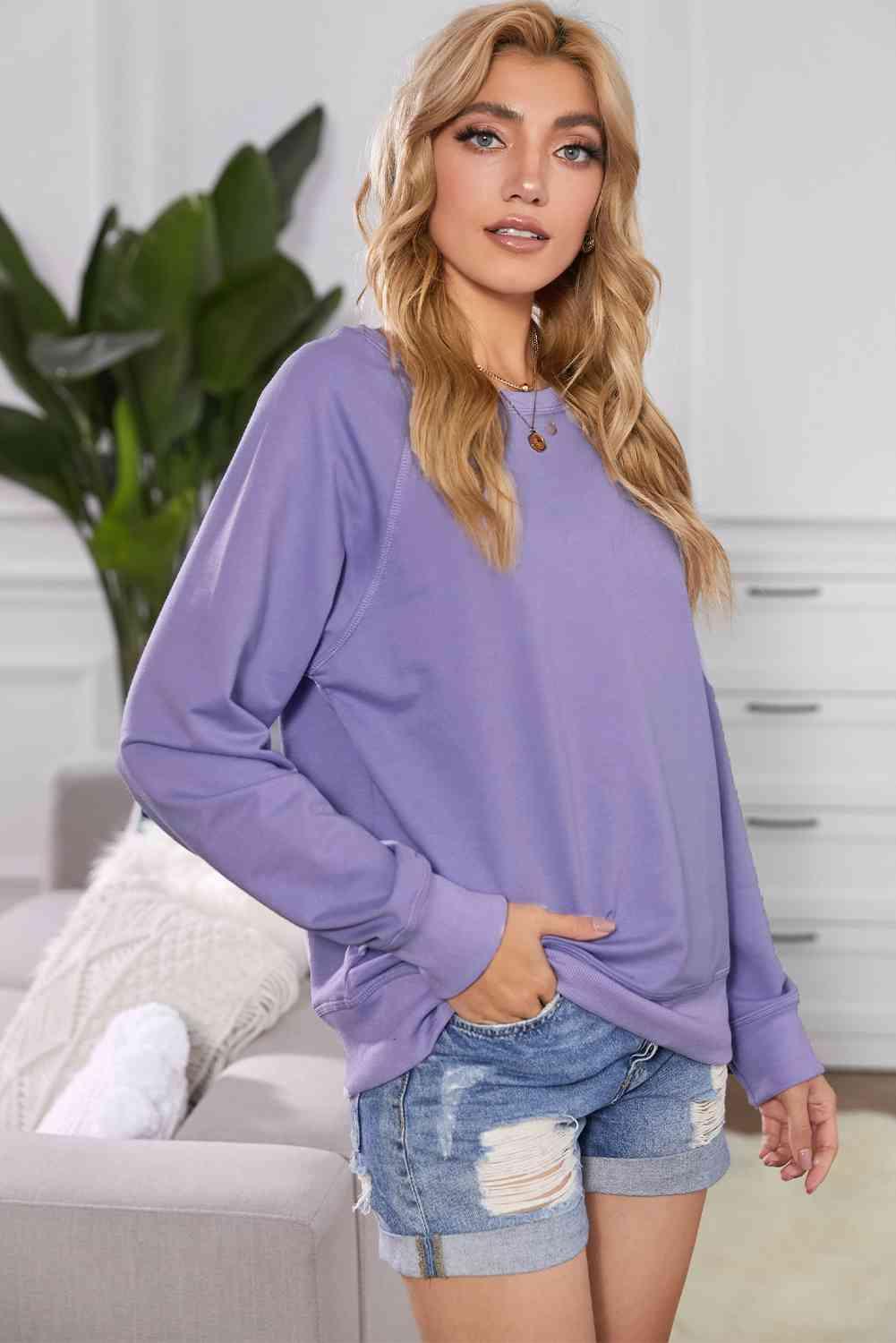 Round Neck Raglan Sleeve Exposed Seam Sweatshirt - Immenzive